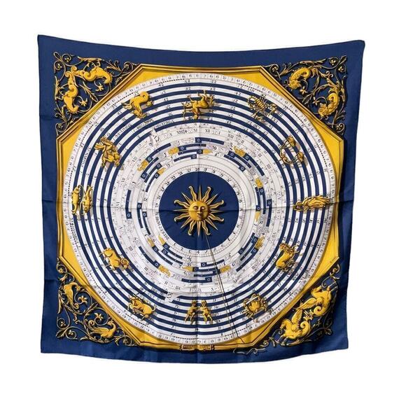 Vintage Hermès silk scarf Dies Et Hore Horoscope By Facconet Navy Blue Gold - Picture 11 of 15